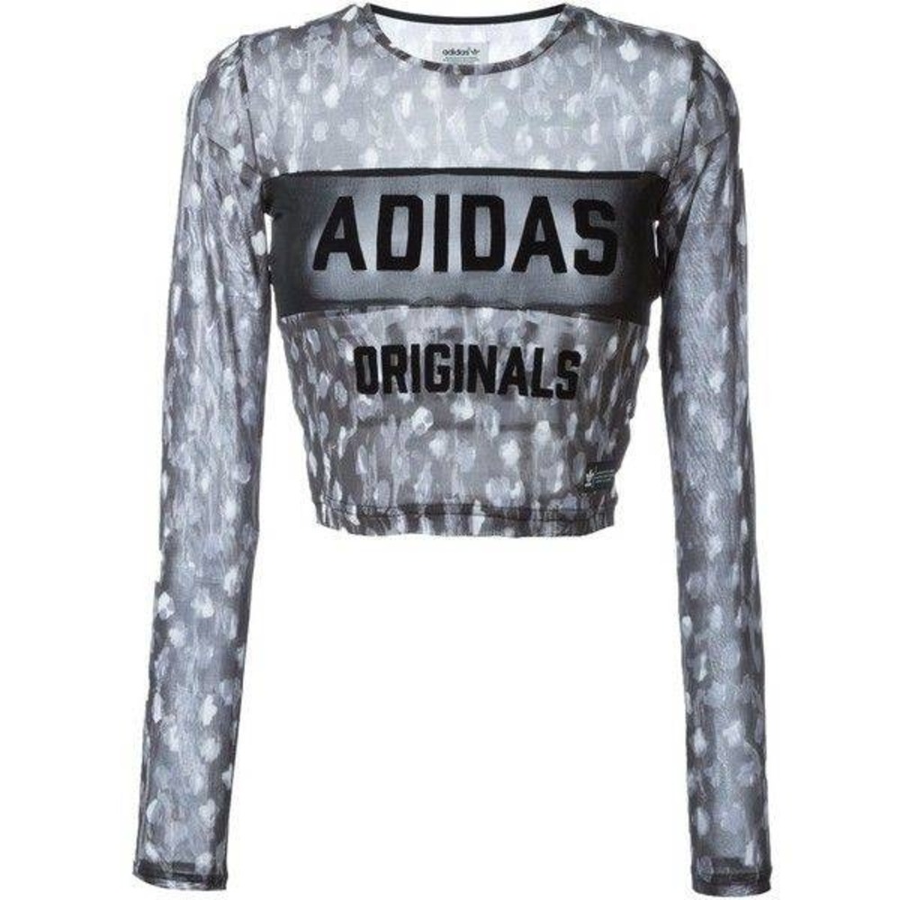 Adidas Originals Women Grey Mesh Leopard Print Long Sleeve Crop Top Size Medium